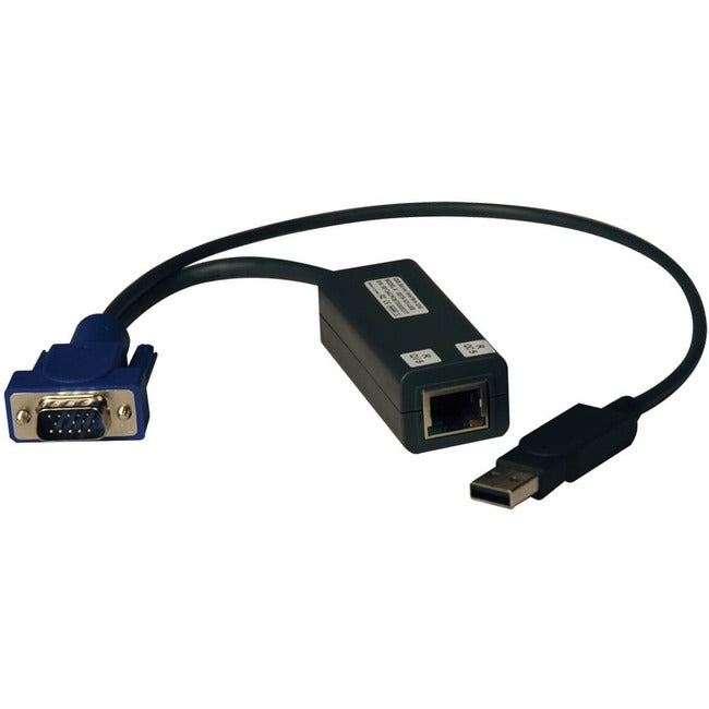 Eaton Tripp Lite USB single server interface unit with HD15, USB, and RJ45 connectors for virtual media and KVM switching.