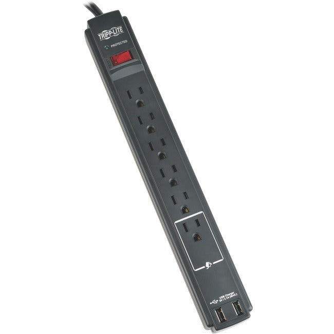 Eaton Tripp Lite Series 6-outlet surge protector with 6 ft. cord, USB ports, black housing, and 990 Joules energy absorption.