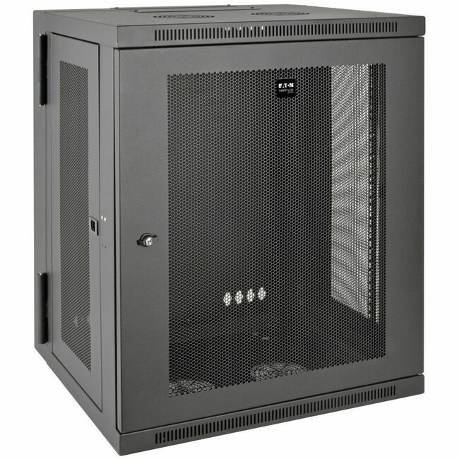 Eaton Tripp Lite SmartRack 15U low-profile wall-mount rack enclosure with hinged back, half-height design for network equipment.