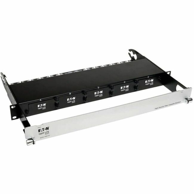 Eaton Tripp Lite high-density rackmount fiber enclosure panel with five cassettes, 1U rack unit for networking and fiber optic connections.