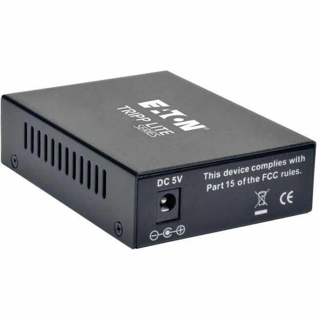 Eaton Tripp Lite N785-001-LC-MM multimode fiber to Ethernet media converter with LC connectors, 550m range, 850nm wavelength.