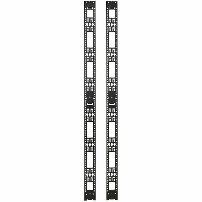 Eaton Tripp Lite 45U rack enclosure server cabinet with vertical cable management bars showing organized cable routing inside