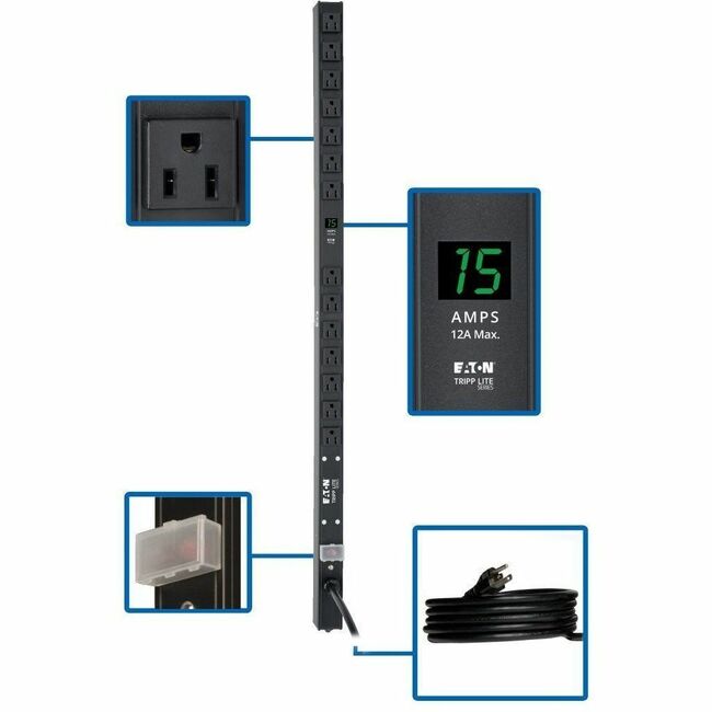 Eaton PDUMV15-36 PDU with 1.5kW capacity, 36-inch vertical rackmount, 14 outlets, 15 ft. cord, single-phase power distribution
