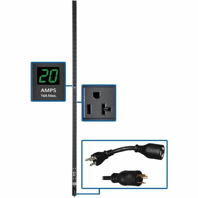 Eaton PDU 2kW single-phase vertical 72-inch metered power distribution unit with 36 outlets and L5-20P/5-20P adapters.
