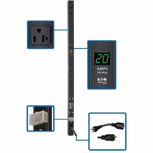 Eaton PDUMV20-36 PDU with 2kW single-phase power distribution, 36-inch vertical rackmount with local metered outlets and L5-20P/5-20P adapters