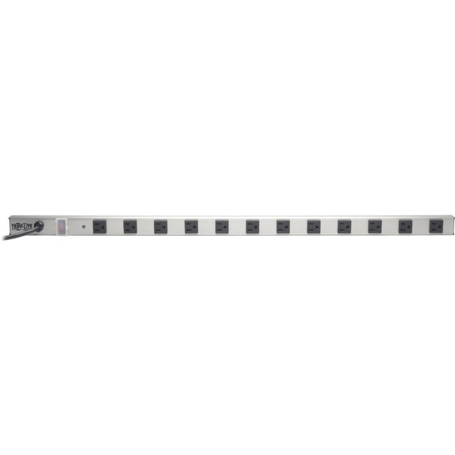 Eaton SS3612 power strip with 12 outlets, surge protection, 15 ft. cord, and 1050 Joules capacity, shown with connected devices.