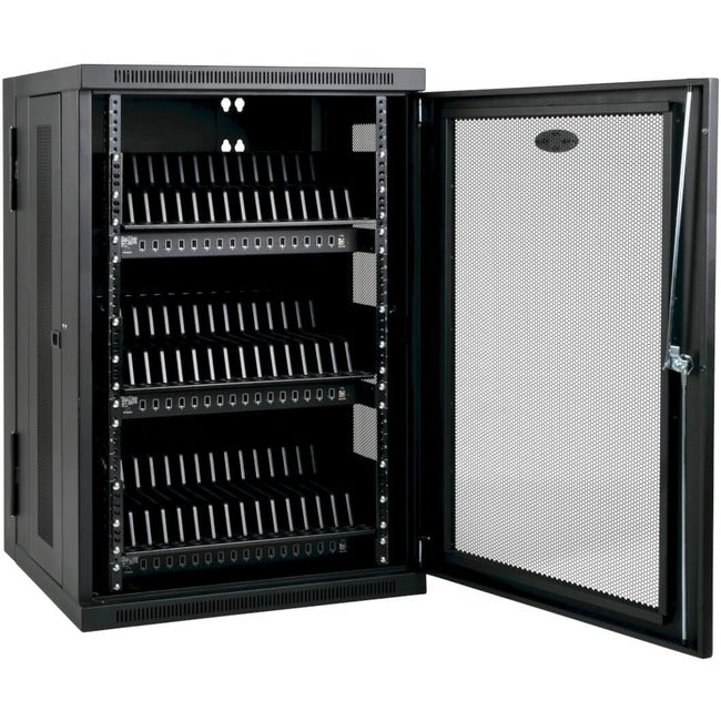 Eaton CS48USB Tripp Lite multi-device charging station with 48 USB ports, black stand for iPads and Android tablets.