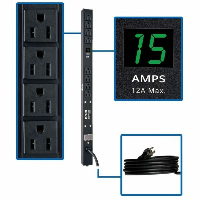Eaton PDUMV15-24 Tripp Lite PDU with 8 outlets, 1.5kW, 24-inch vertical rackmount, 15 ft. power cord, single-phase, metered
