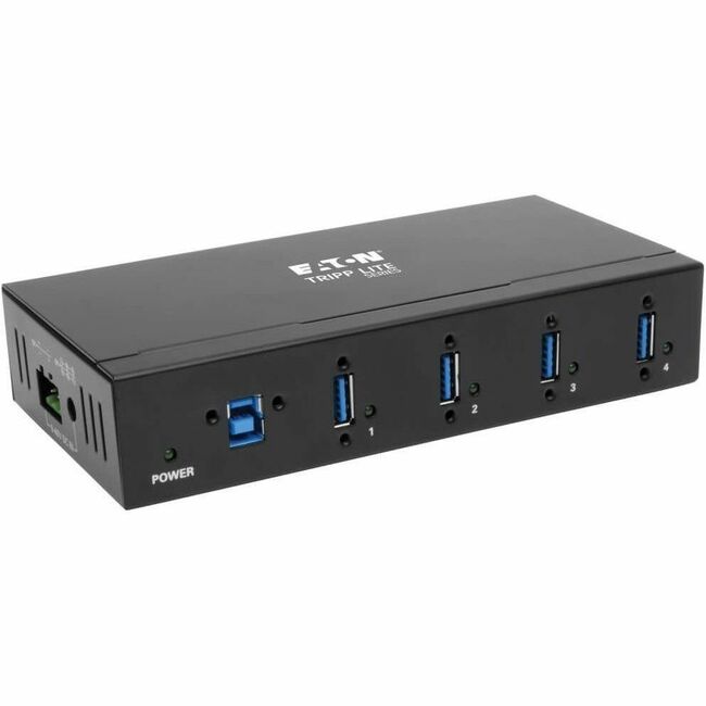 Eaton U360-004-IND industrial USB 3.x hub with metal housing, 4 ports, mountable design, and 20 kV ESD immunity.