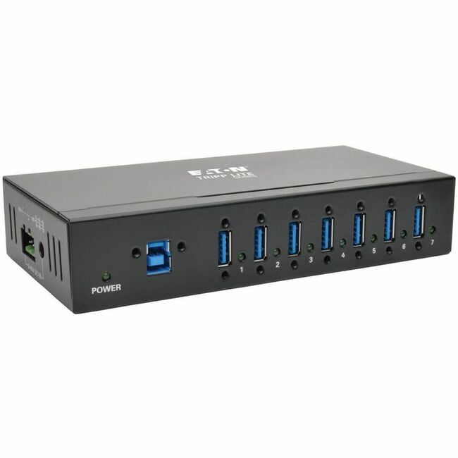 Eaton Tripp Lite 7-port industrial USB 3.x hub with metal housing and mountable design, supporting 5Gbps data transfer and 20kV ESD immunity.