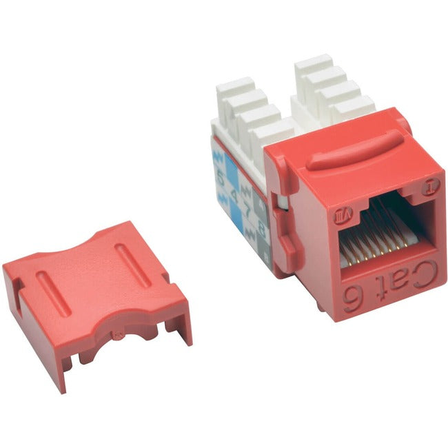 Red Eaton Tripp Lite Cat6/Cat5e keystone jack 25-pack with 110 punch down connectors for network wiring and installation.