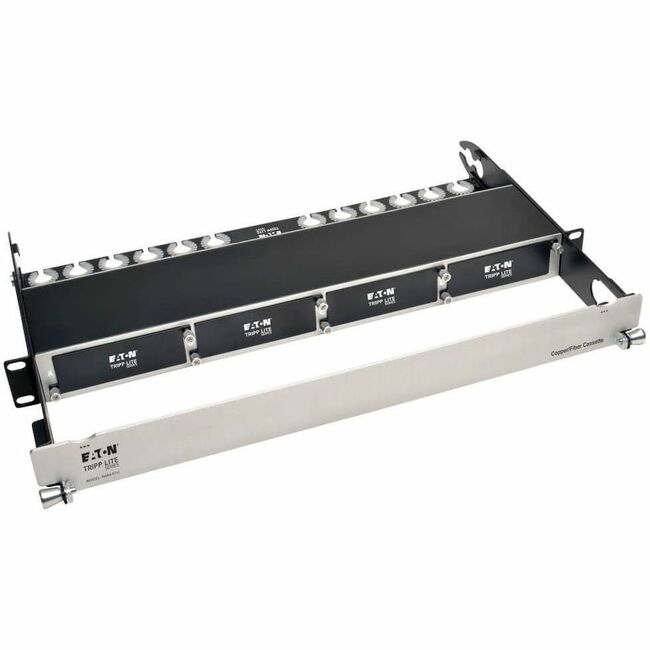 Eaton Tripp Lite high-density copper fiber enclosure panel with 4-cassette capacity, 1U rack-mount patch panel for networking.