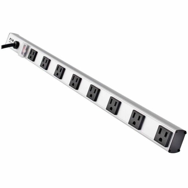 Eaton PS2408RA Tripp Lite 8-outlet vertical power strip with 15 ft. cord and right-angle outlets in a typical office setting.