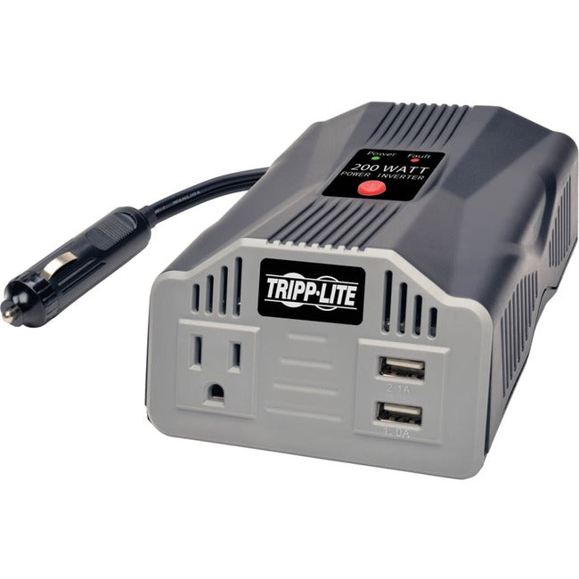 Eaton PowerVerter ultra-compact car inverter with outlet and 2 USB charging ports, 200W power capacity, shown connected in vehicle.