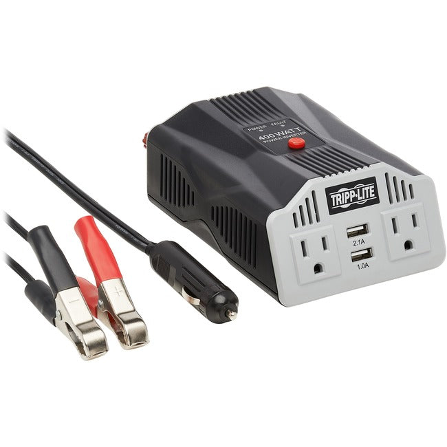 Eaton PV400USB Tripp Lite 400W car inverter with 2 AC outlets, 2 USB ports, battery cables, and cigarette lighter adapter.