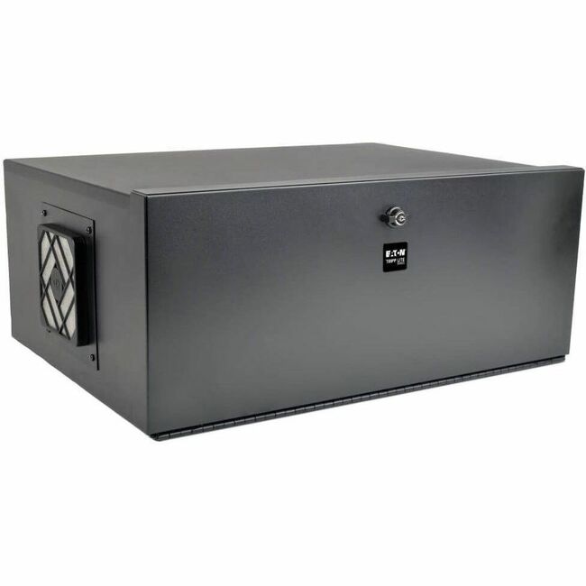 Eaton SRDVRLB Tripp Lite Series 5U security DVR lockbox enclosure mounted in a rack for storage and protection of electronic equipment.