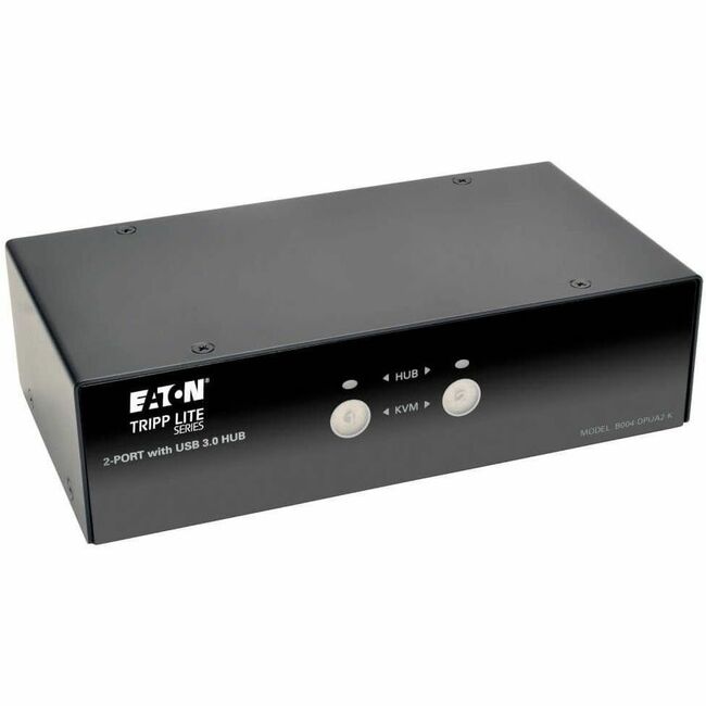Eaton B004-DPUA2-K Tripp Lite 2-port DisplayPort KVM switch with audio, USB 3.0 hub, and cables for computer control.