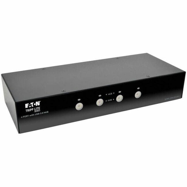 Eaton B004-DPUA4-K Tripp Lite 4-Port DisplayPort KVM switch with audio cables and USB 3.0 hub, showing ports and cables.