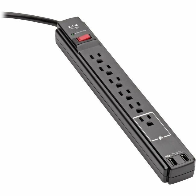 Eaton TLP606USBB Tripp Lite Series Protect It! 6-Outlet Surge Protector, 6 ft. Cord, 990 Joules, 2 USB Ports (2.1A), Black Housing