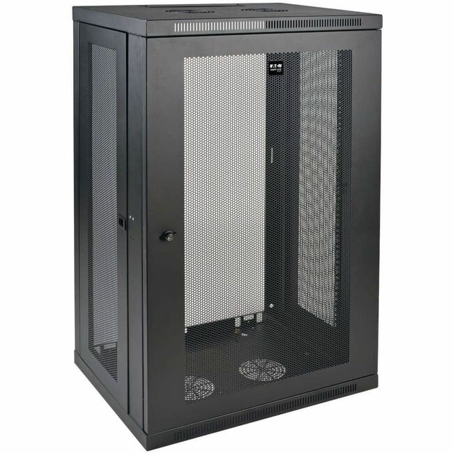 Eaton SmartRack 21U low-profile wall-mount rack enclosure with half-height design and switch-depth for network equipment.