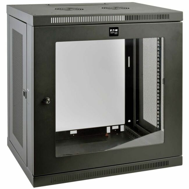 Eaton Tripp Lite SmartRack 12U low-profile wall-mount rack enclosure with clear acrylic window and switch-depth design.