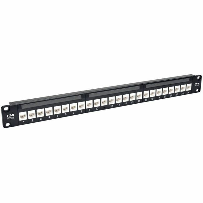 Eaton Tripp Lite 24-port 1U rack-mount Cat6a patch panel with RJ45 Ethernet feedthrough ports in a server rack.