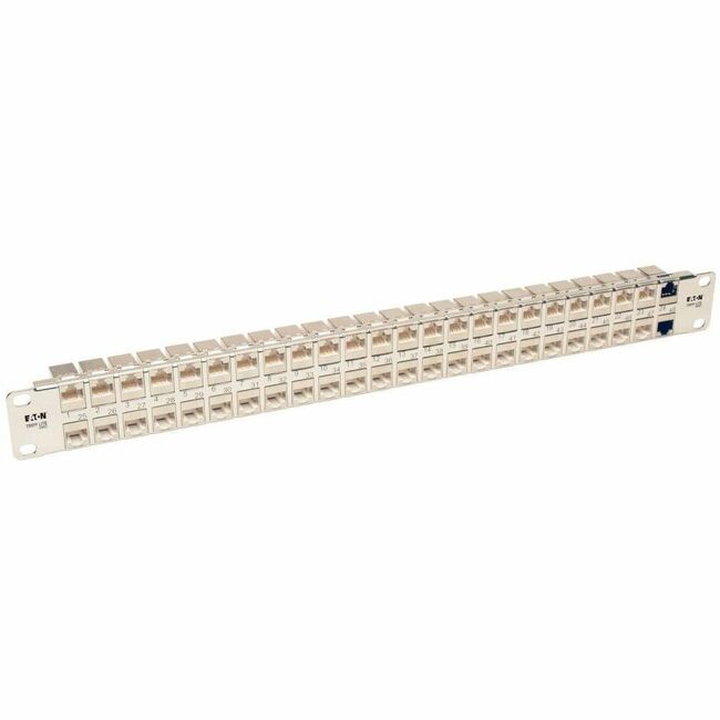 Eaton Tripp Lite 48-port 1U rack-mount shielded Cat6a patch panel with RJ45 feedthrough connectors, TAA compliant.