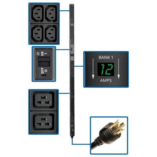 Eaton PDUMV30HV2 Tripp Lite by Eaton PDU 5.8kW Single-Phase Local Metered PDU 200-240V Outlets (8 C19 and 40 C13) L6-30P 10 ft. (3.05 m) Cord 0U Vertical TAA 70 in.