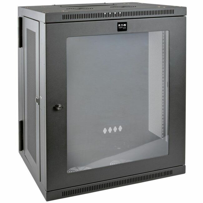 Eaton Tripp Lite SmartRack 15U low-profile wall-mount rack enclosure with clear acrylic window and hinged back for easy access