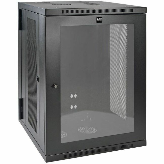 Eaton SmartRack 18U low-profile wall-mount rack enclosure with clear acrylic window and hinged back for easy access.