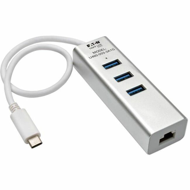 Eaton U460-003-3A1G Tripp Lite Series 3-Port USB 3.x (5Gbps) Hub with LAN Port, USB-C to 3x USB-A Ports and Gigabit Ethernet, Silver