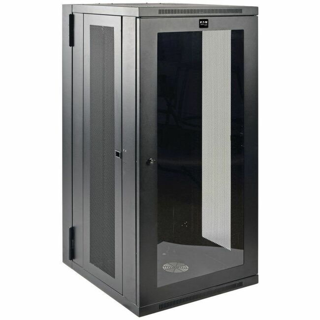 Eaton SmartRack 26U low-profile wall-mount rack enclosure with clear acrylic window and hinged back for easy access.