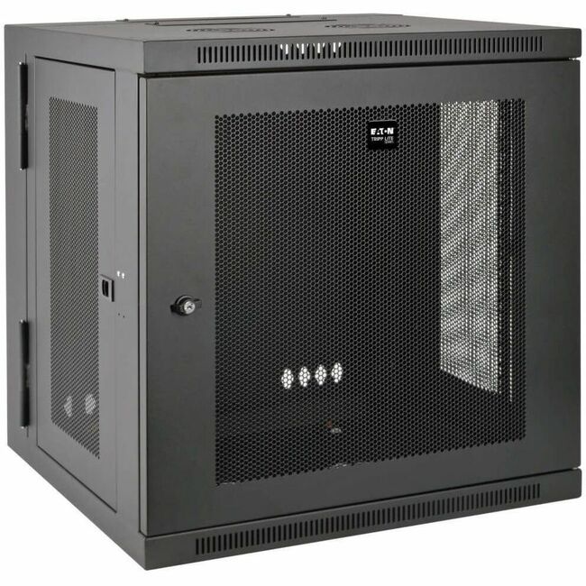Eaton Tripp Lite 12U wall mount server rack enclosure with swinging hinged door and deep cabinet for rack equipment.