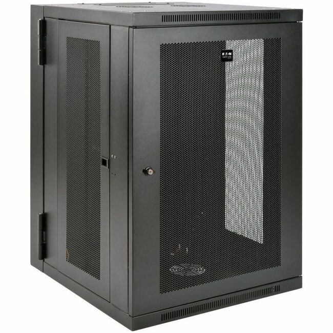 Eaton Tripp Lite SmartRack 18U wall-mount half-height rack enclosure with hinged back, designed for server and network equipment.