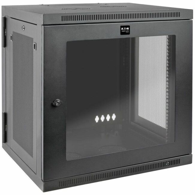 Eaton Tripp Lite SmartRack 12U wall-mount rack enclosure with clear acrylic window and hinged back for easy access.