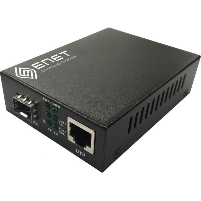 Enet Solutions, Inc. ENMC-FGET-SFP ENET 1x 10/100/1000M Copper RJ45 to 1x 1000Base-X SFP Gigabit Ethernet Fiber Media Converter Stand-Alone - Power Supply Included, Chassis/Rack Mountable with one SFP slot (without SFP). The ENMC-FGET-SFP is capable 