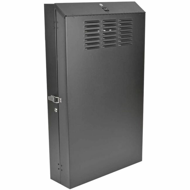 Eaton Tripp Lite SmartRack 4U low-profile vertical-mount server rack enclosure with wall-mount design, shown in the image.