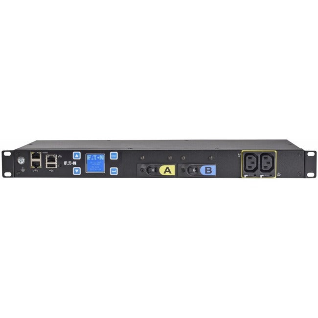 Eaton EMIT04-10 metered input rack PDU mounted in 1U rack, showing power outlets and digital display for monitoring.