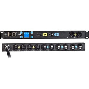 Eaton EMIT03-10 Metered Input Rack PDU displaying power meter, 1U rack mount, 120V, 24A, L5-30P plug, single-phase power distribution