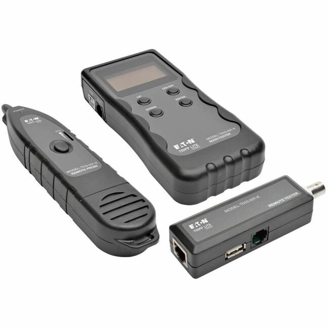 Eaton Tripp Lite multi-function cable tester with wire tracker showing RJ45, RJ11, BNC, and USB ports on the device.