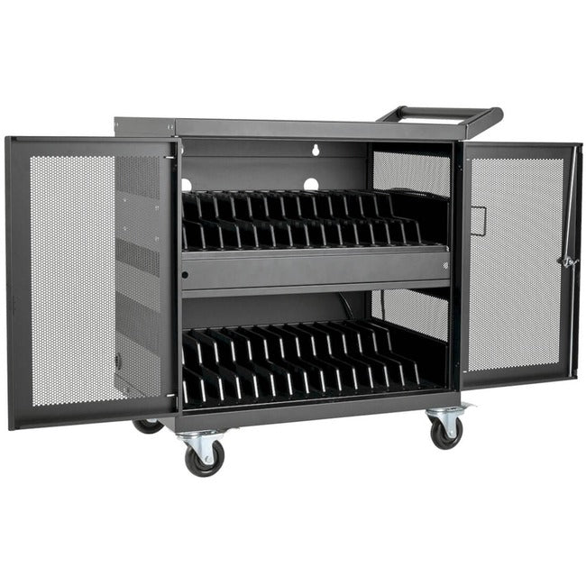 Eaton CSC32USB multi-device charging cart with 32 USB ports, black, designed for iPads and Android tablets, wall-mount option.