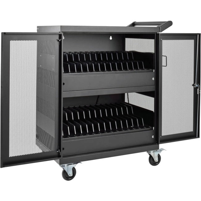 Eaton CSC32AC multi-device charging cart with 32 AC outlets, black, designed for Chromebooks and laptops, wall-mount option.