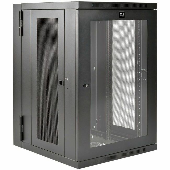 Eaton SmartRack 18U wall-mount rack enclosure with clear acrylic window and hinged back for easy access, designed for rack equipment.