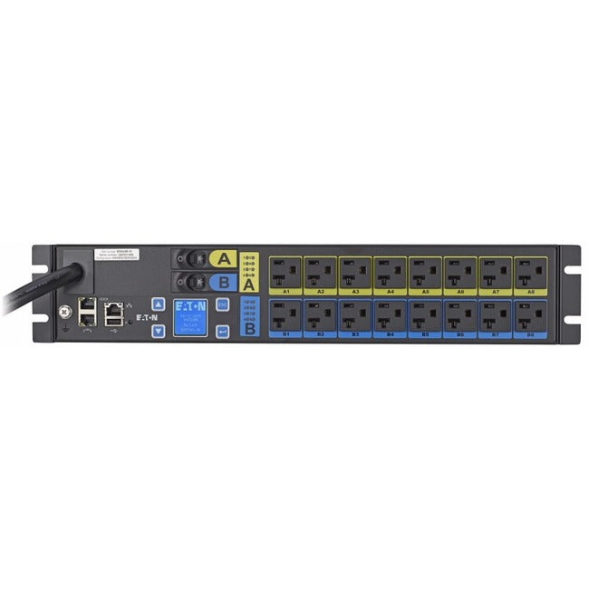 Eaton EMAU05-10 managed rack PDU with 2.88 kW capacity, 120V, 24A, 2U single-phase design, mounted in server rack