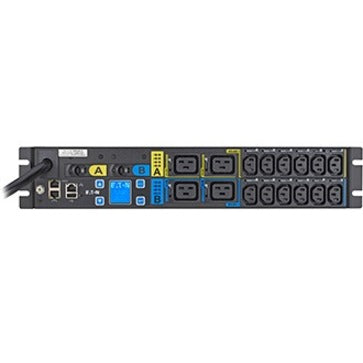 Eaton EMAU06-10 managed rack PDU with 5.76 kW capacity, 200-240V, 24A, 2U single-phase setup, front view.