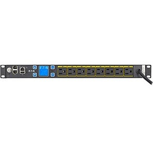 Eaton EMIT08-10 metered input rack PDU showing 1U size, power socket, and digital display for monitoring electrical load.