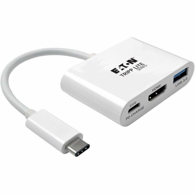 Eaton U444-06N-HU-C USB-C to HDMI adapter with USB 3.x hub port and Power Delivery, white connector adapter.