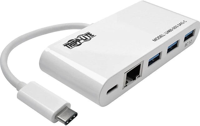 Eaton U460-003-3AG-C Tripp Lite by Eaton 3-Port USB 3.2 Gen 1 Hub with LAN Port and Power Delivery USB-C to 3x USB-A Ports and Gigabit Ethernet White