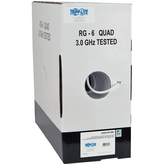 Eaton Tripp Lite RG6/U quad-shield coaxial cable with white connector, 1000 ft. (304.8 m) length, CMR-rated for cable installations.