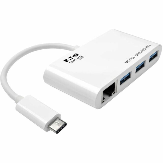 Eaton U460-003-3AG Tripp Lite by Eaton 3-Port USB 3.x (5Gbps) Hub with LAN Port USB-C to 3x USB-A Ports and Gigabit Ethernet White